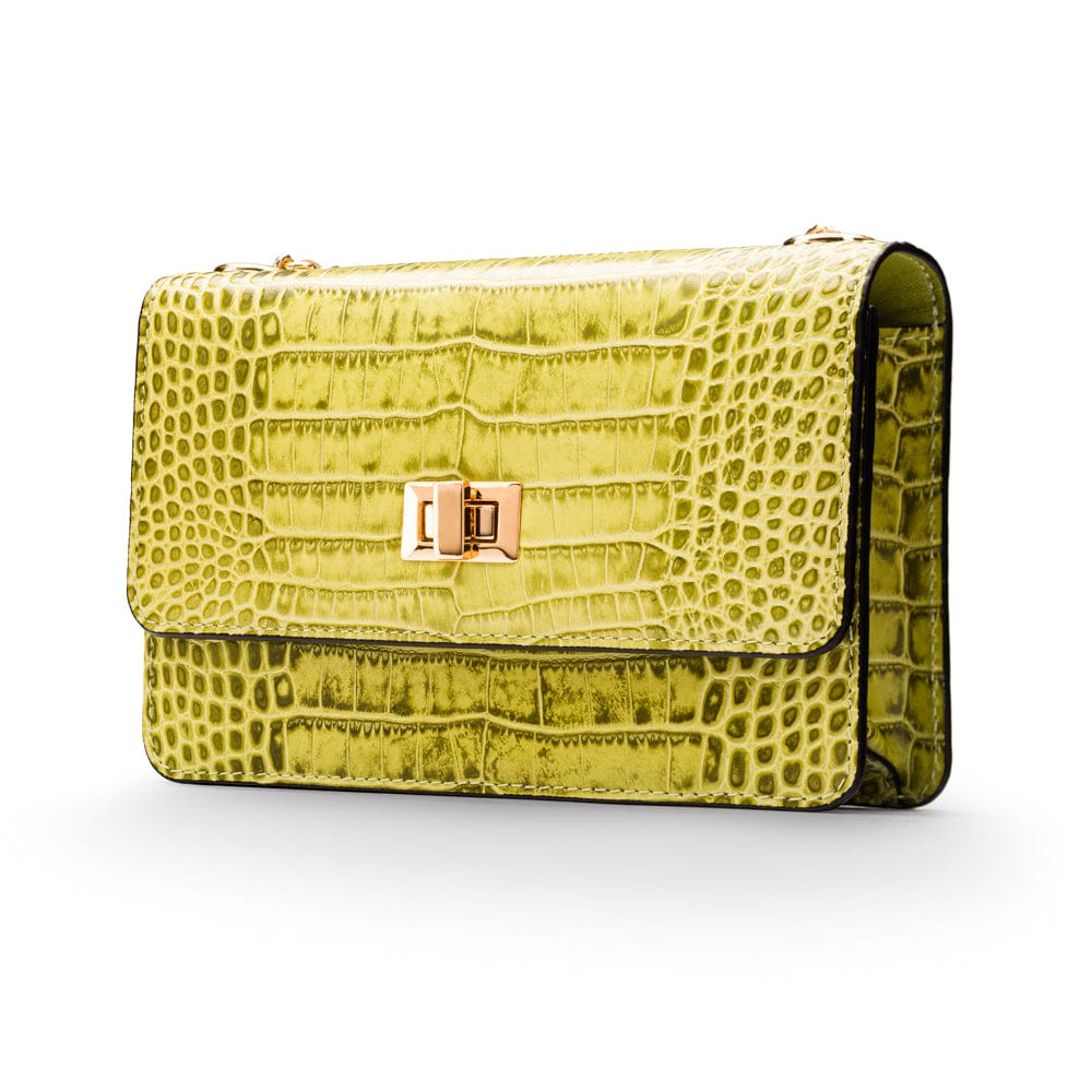 Mini chain bag, lime croc, side view