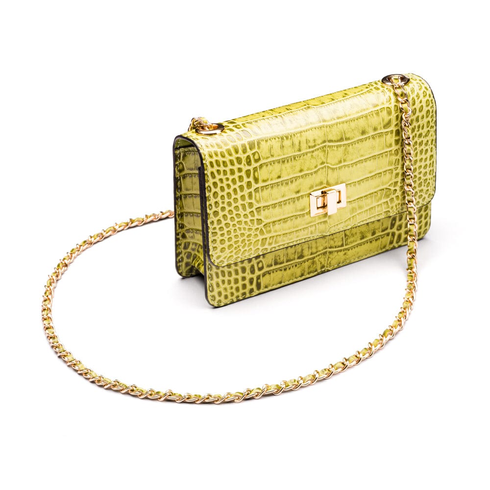 Mini chain bag, lime croc, side view