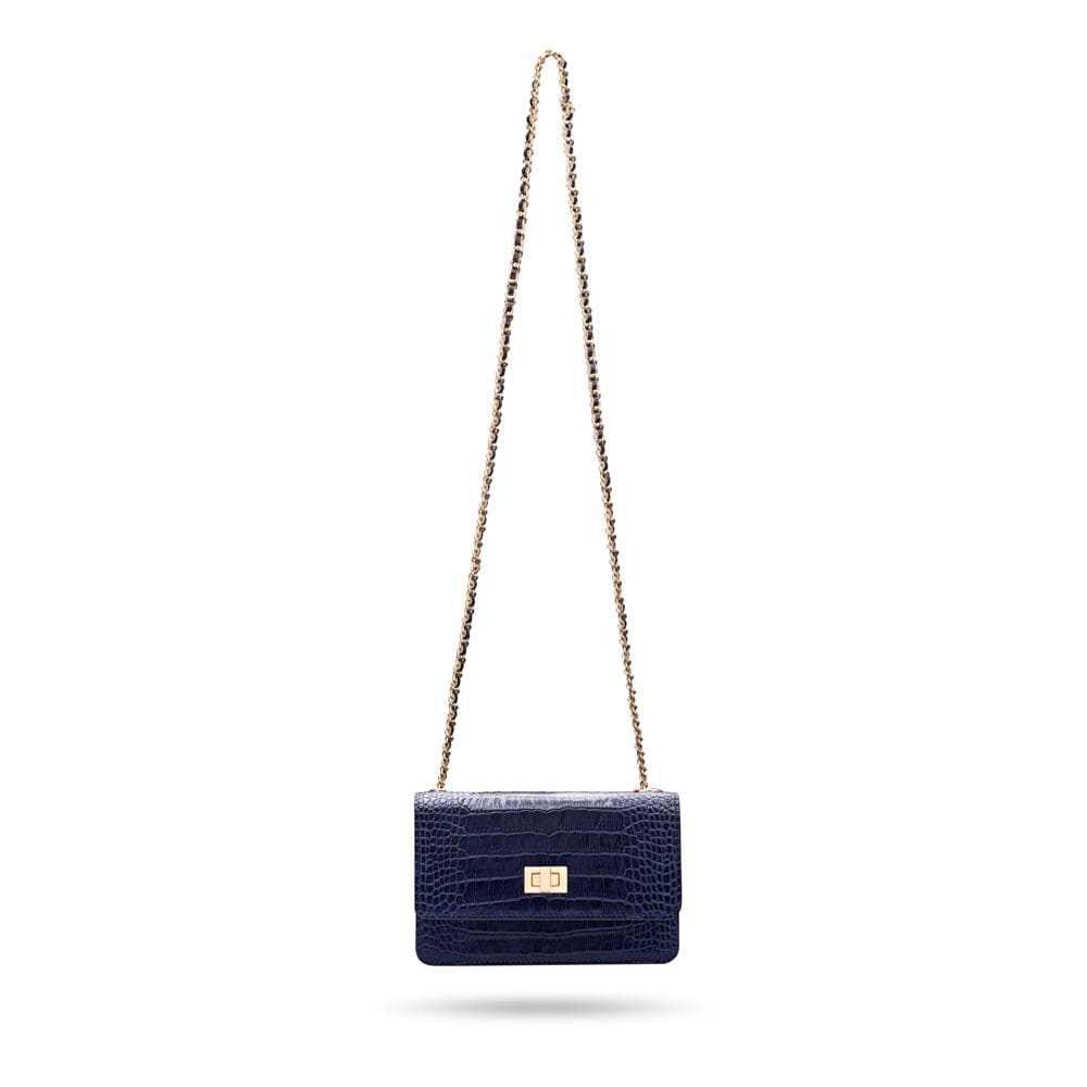 Mini chain bag, navy croc, long chain strap