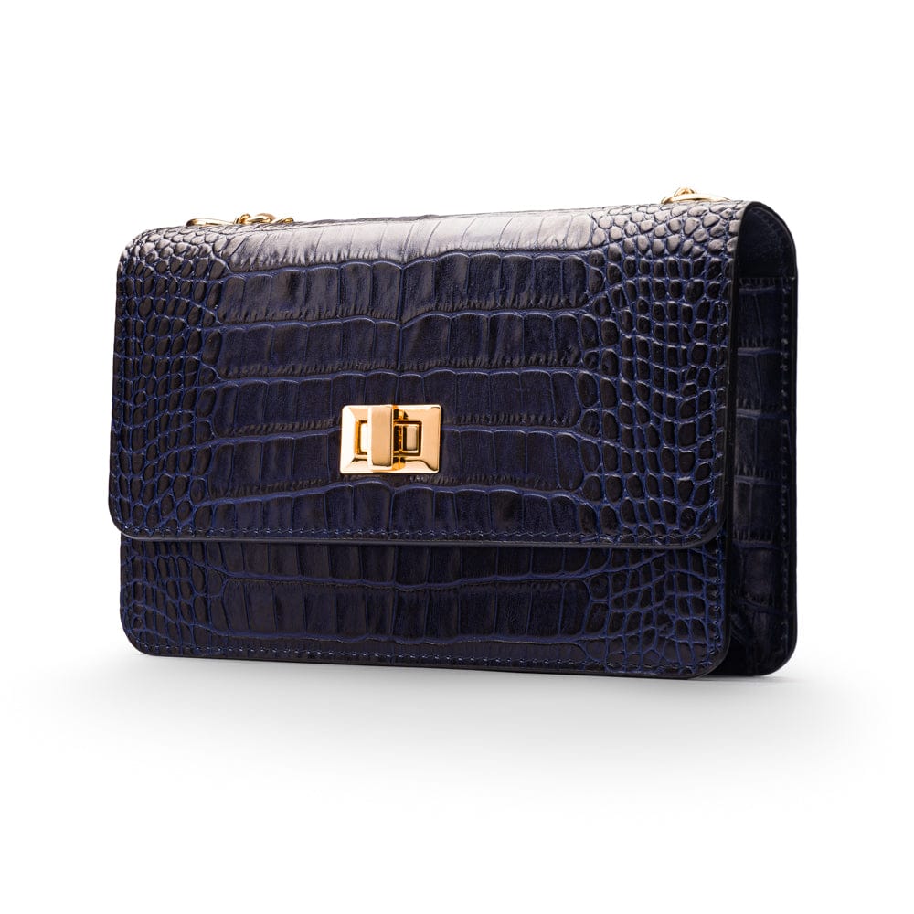 Mini chain bag, navy croc, front 