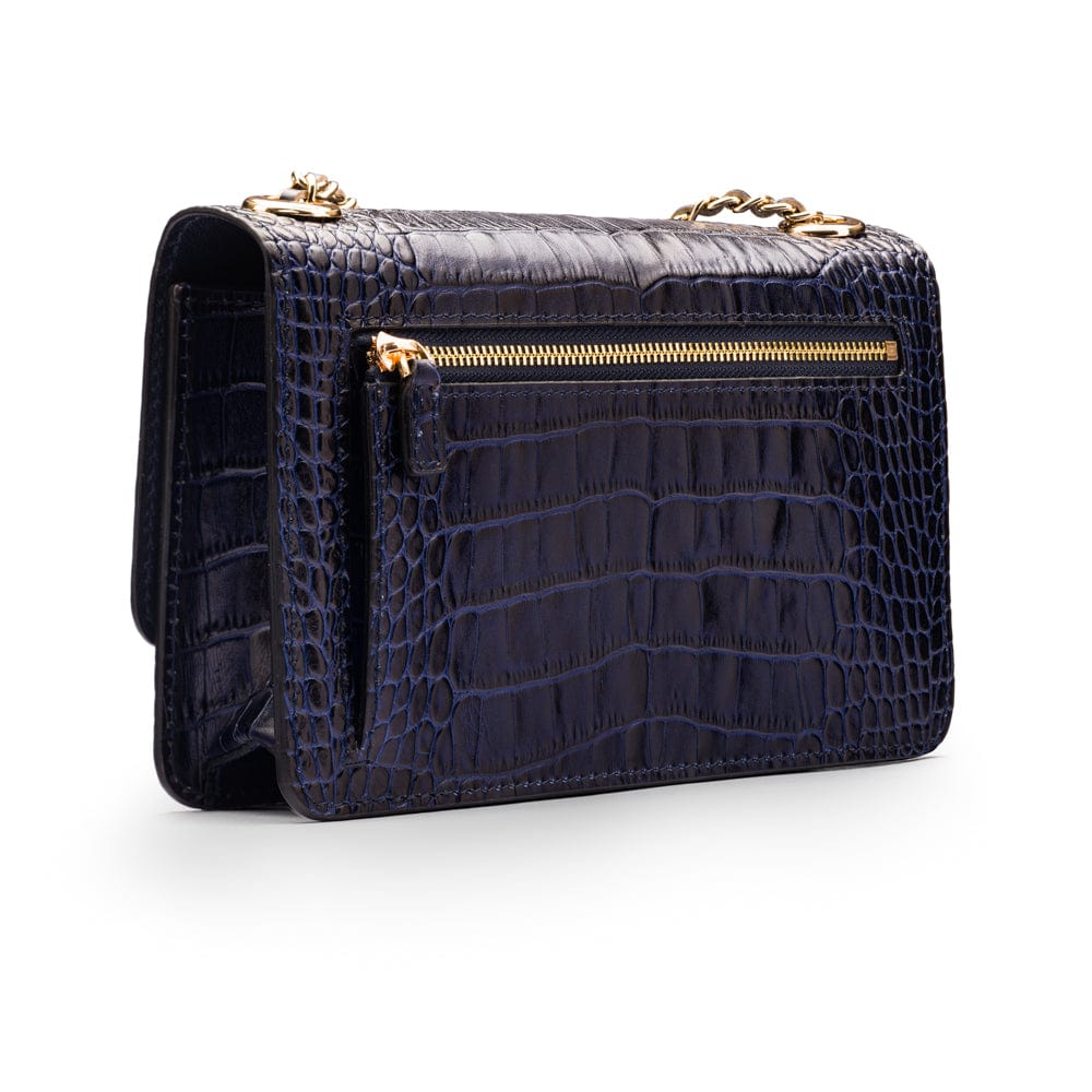 Mini Leather Chain Strap Bag, Navy Croc Shoulder Bags SageBrown