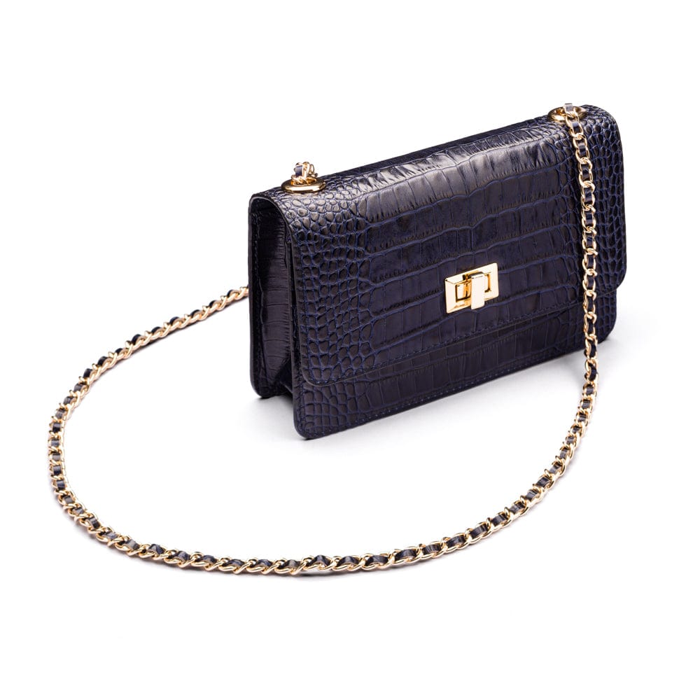 Mini chain bag, navy croc, side view