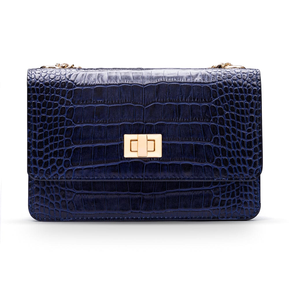 Mini chain bag, navy croc, front view