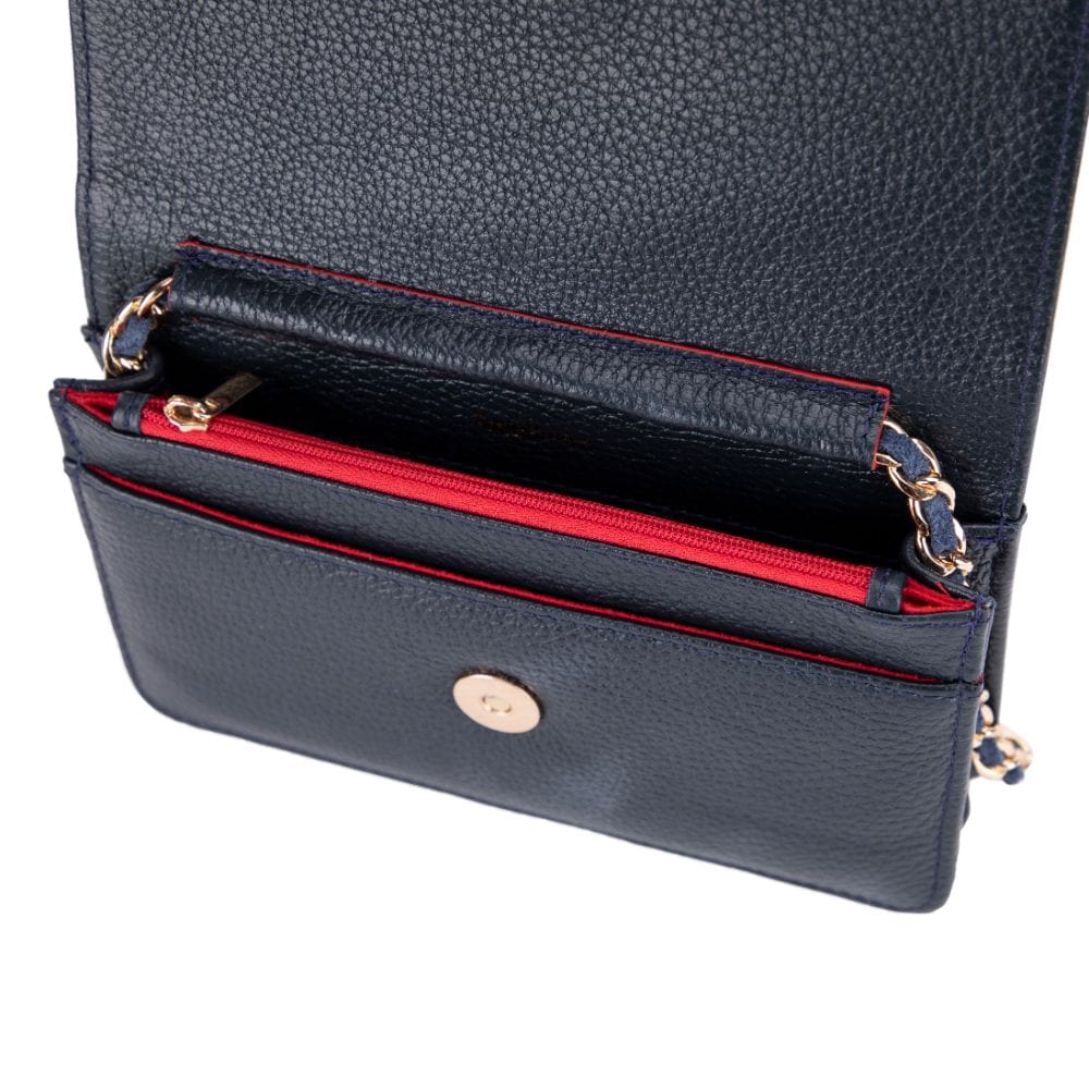 Small leather chain bag, navy, open