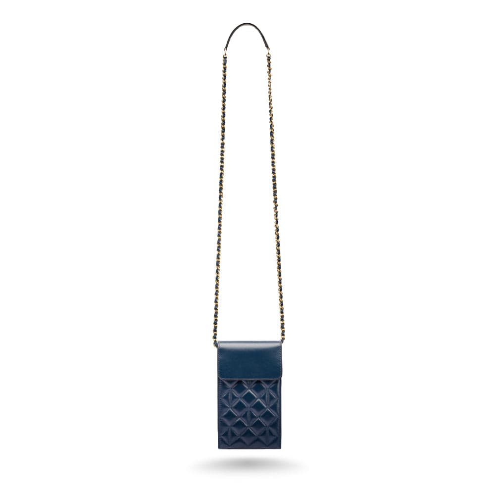 Leather phone bag, navy, with long strap