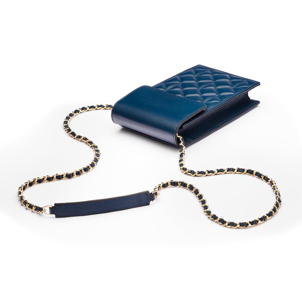 Leather phone bag, navy, with chain strap