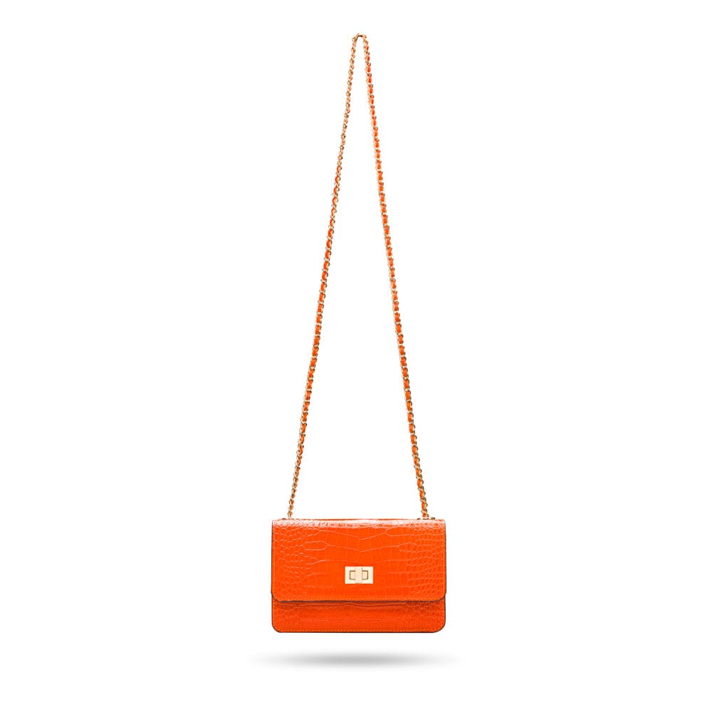 Mini chain bag, orange croc, long chain strap