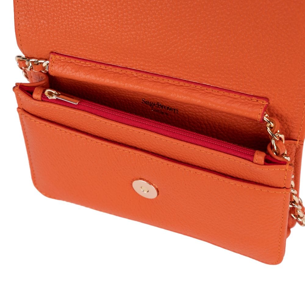 Small leather chain bag, orange, open