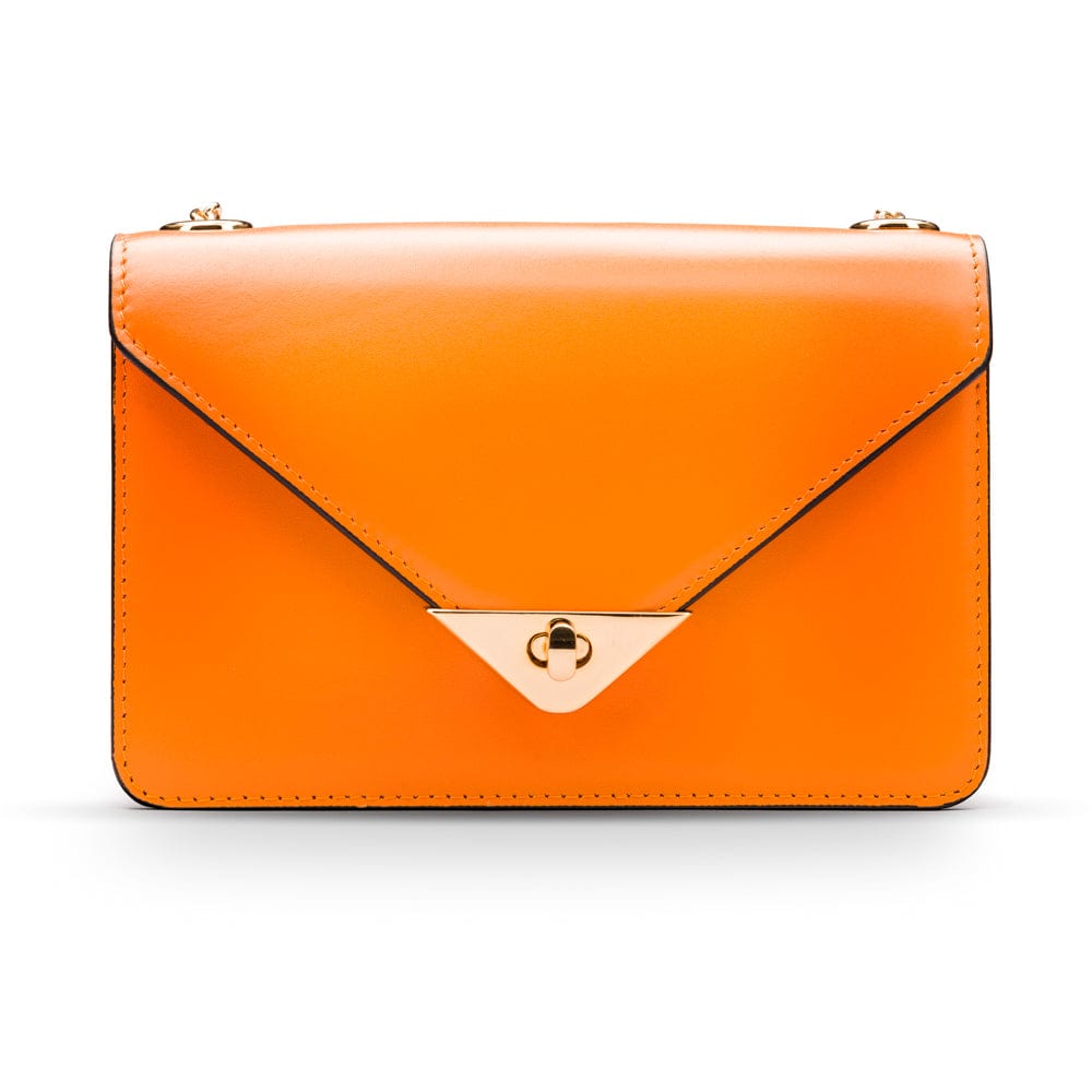 Small leather envelope chain bag, orange, front view