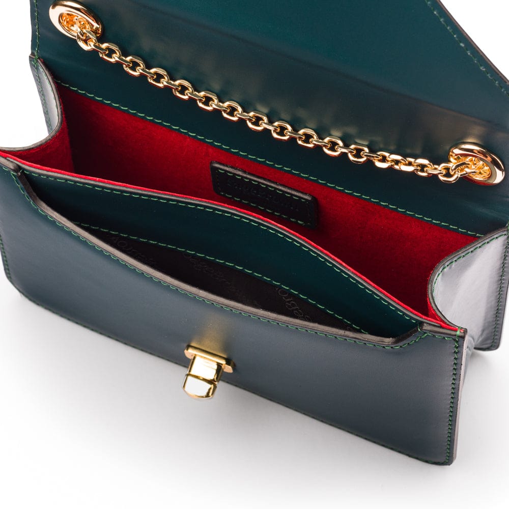 Small leather envelope chain bag, green, inside view