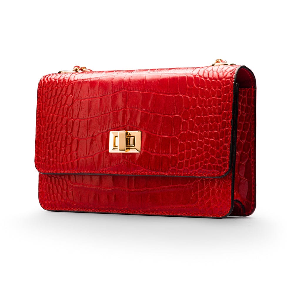 Mini Leather Chain Strap Bag, Red Croc Shoulder Bags SageBrown