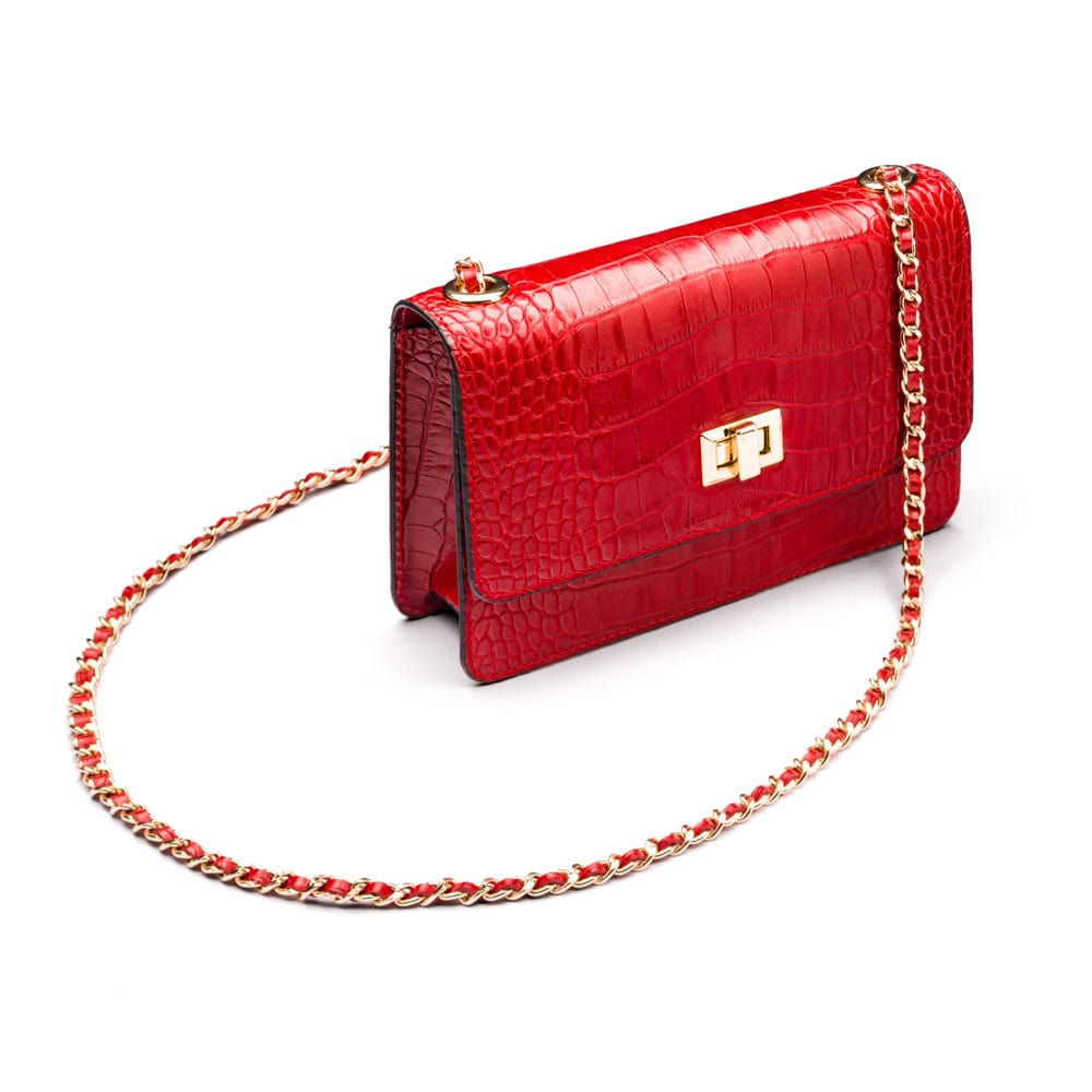 Mini chain bag, red croc, side view
