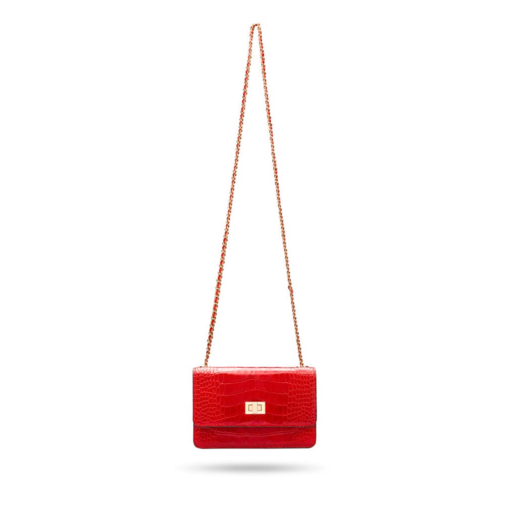 Mini chain bag, red croc, long chain strap