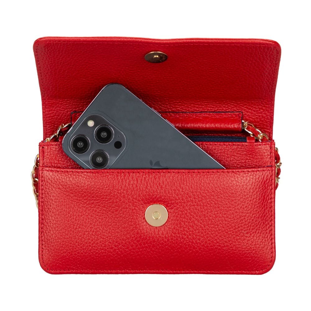 Small leather chain bag, red, open