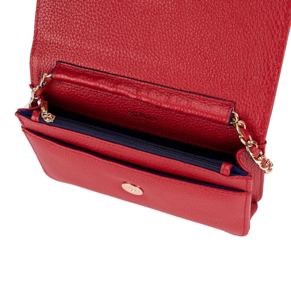 Small leather chain bag, red, open