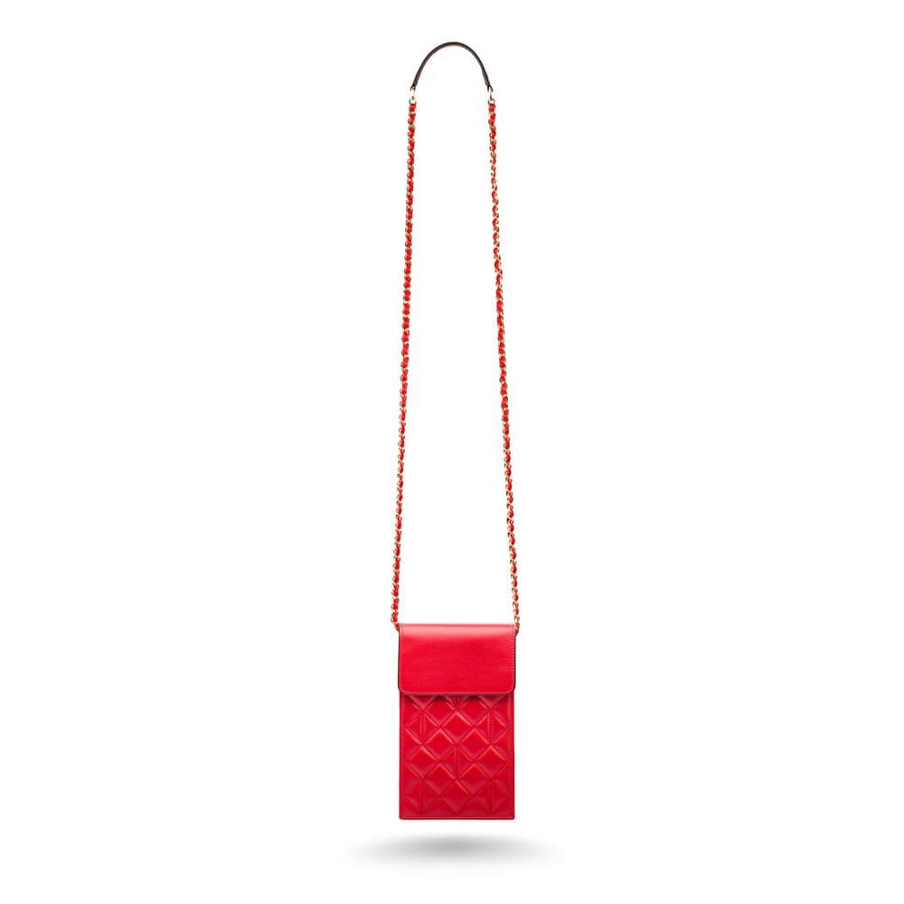 Leather phone bag, red, with long chain strap