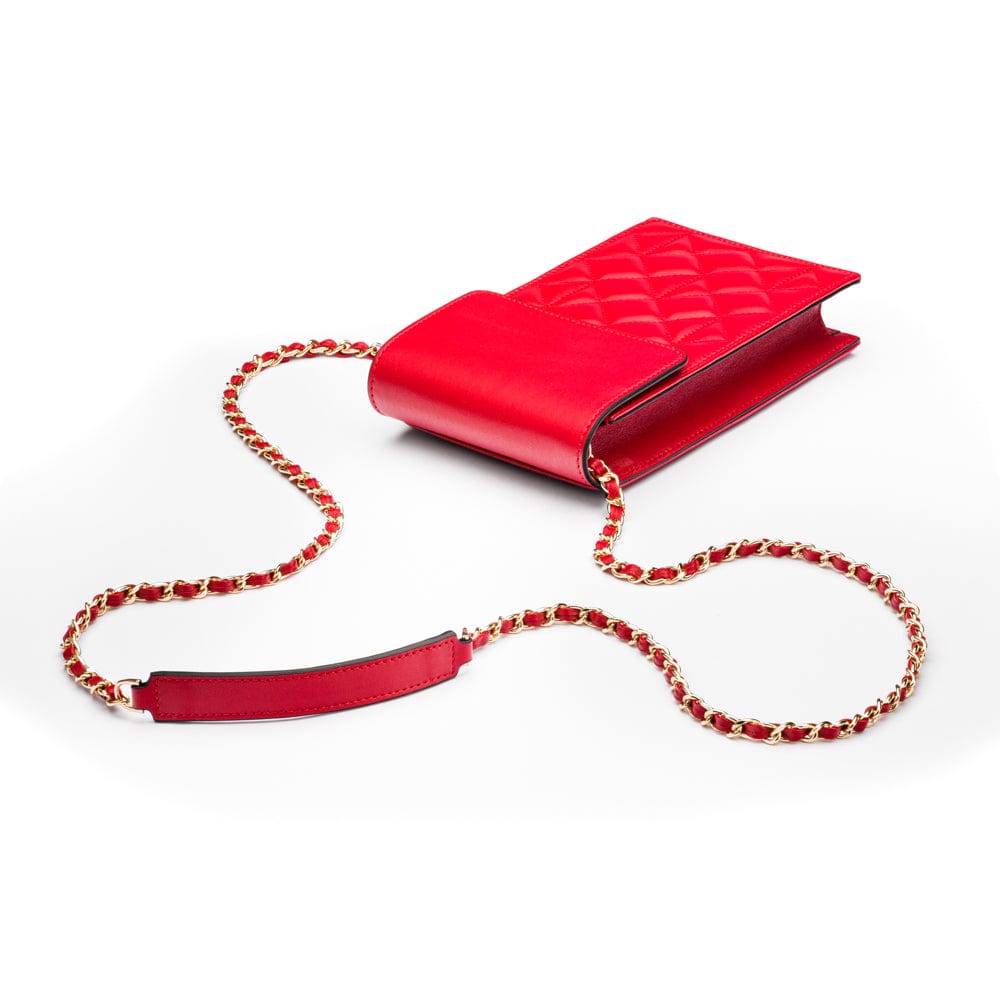 Leather phone bag, red, with chain strap