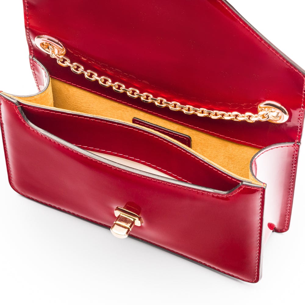 Small leather envelope chain bag, red patent, inside