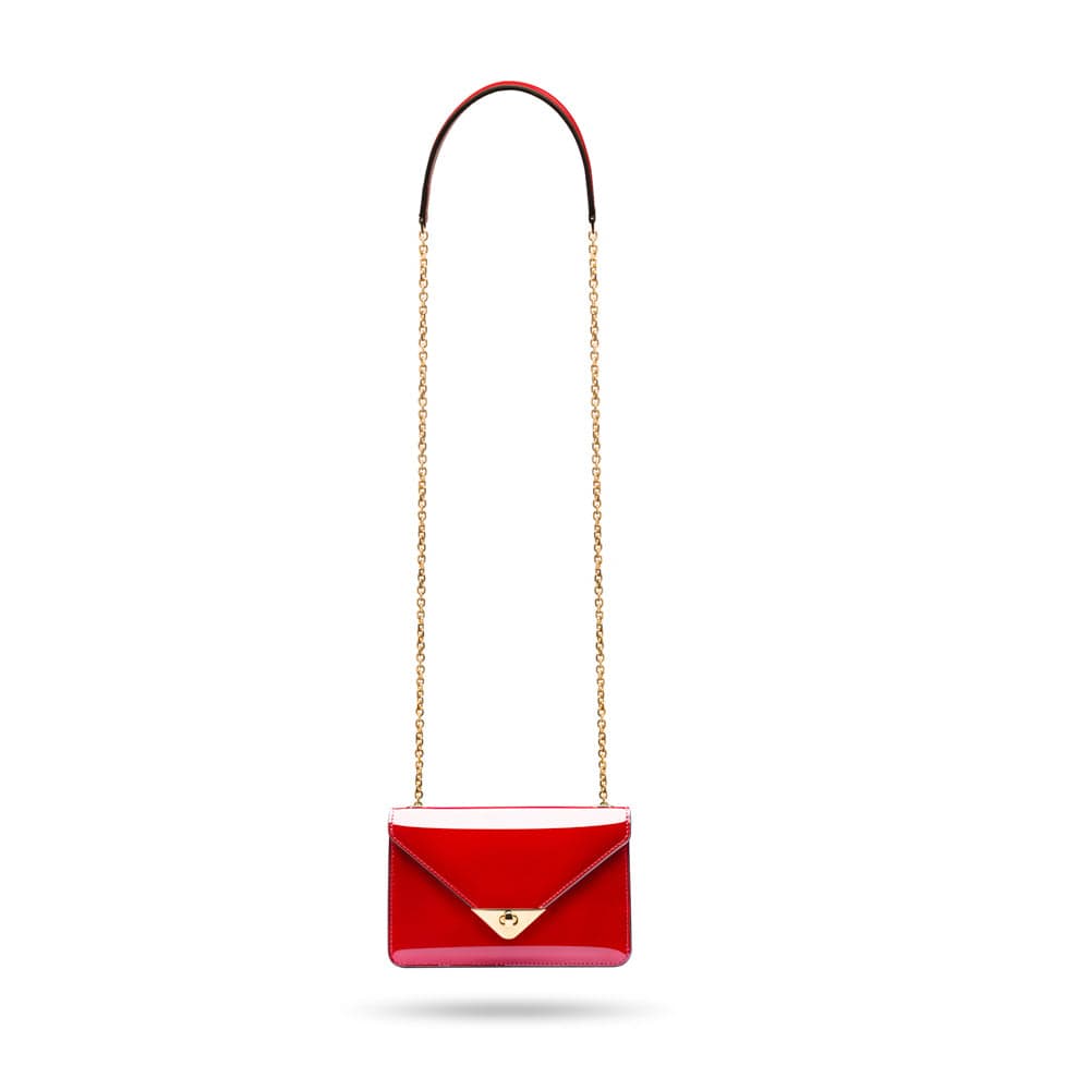 Small leather envelope chain bag, red patent, long chain strap