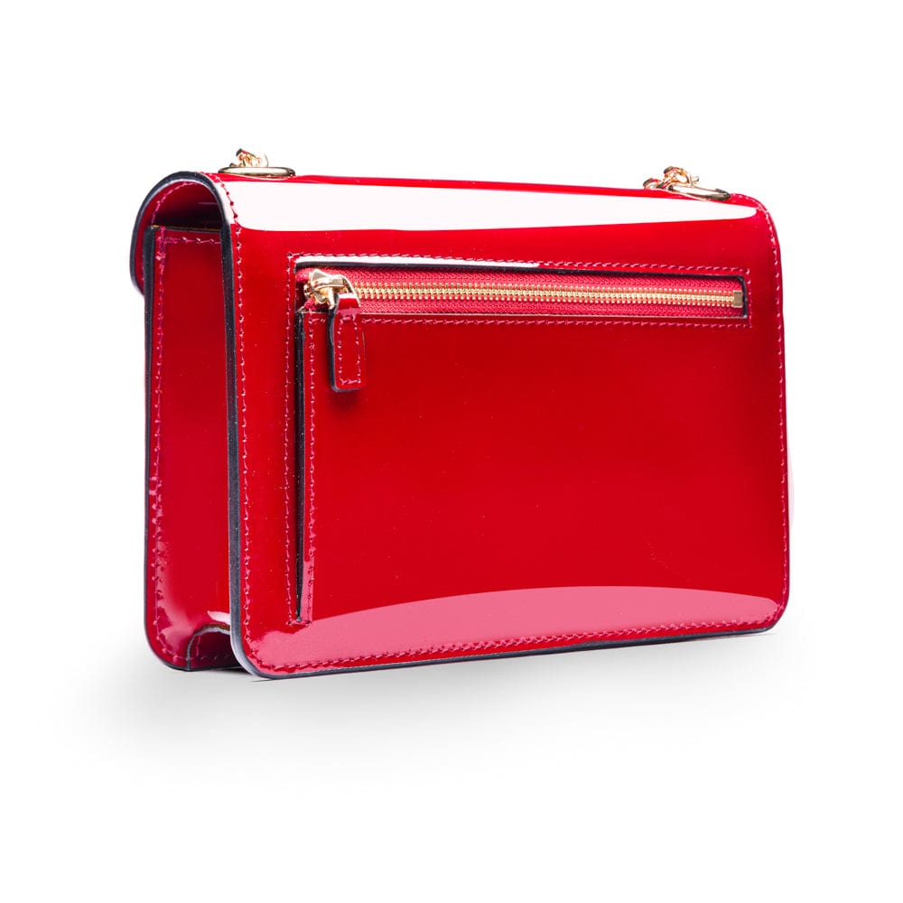 Small leather envelope chain bag, red patent, back view