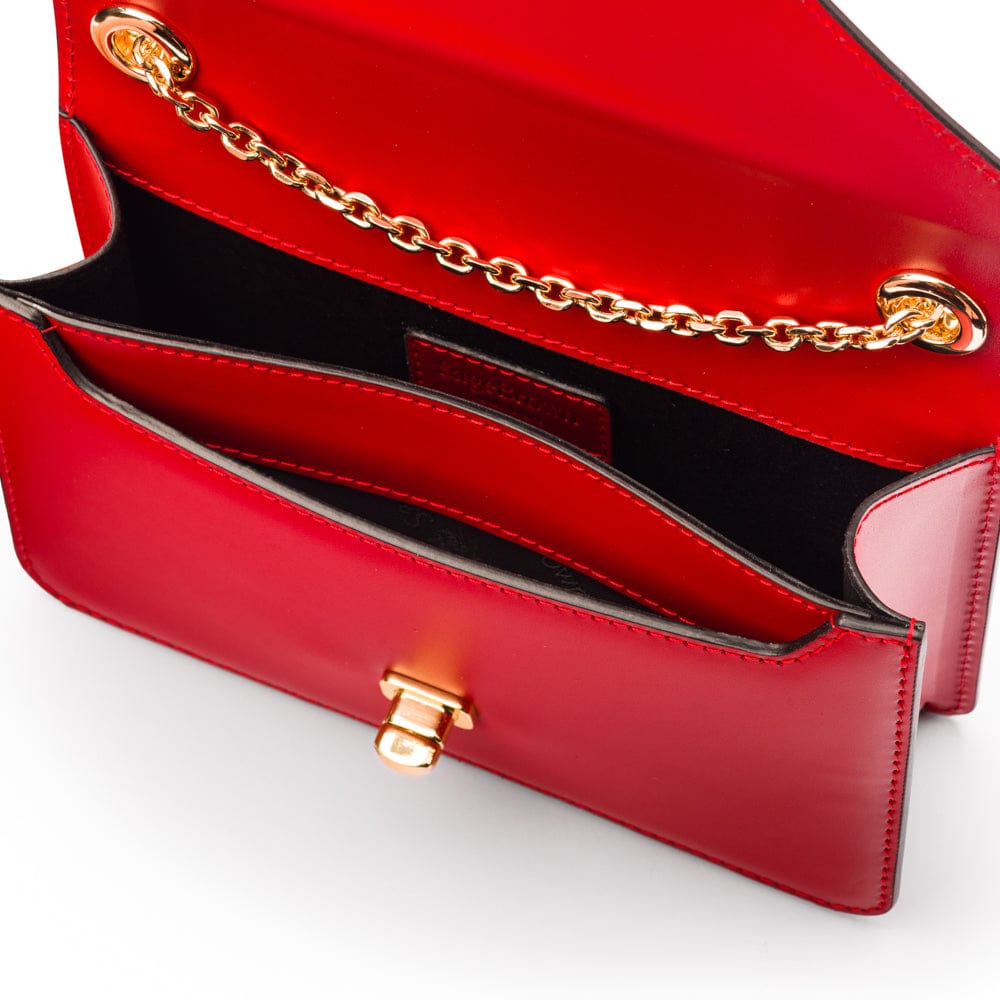 Small leather envelope chain bag, red, inside view