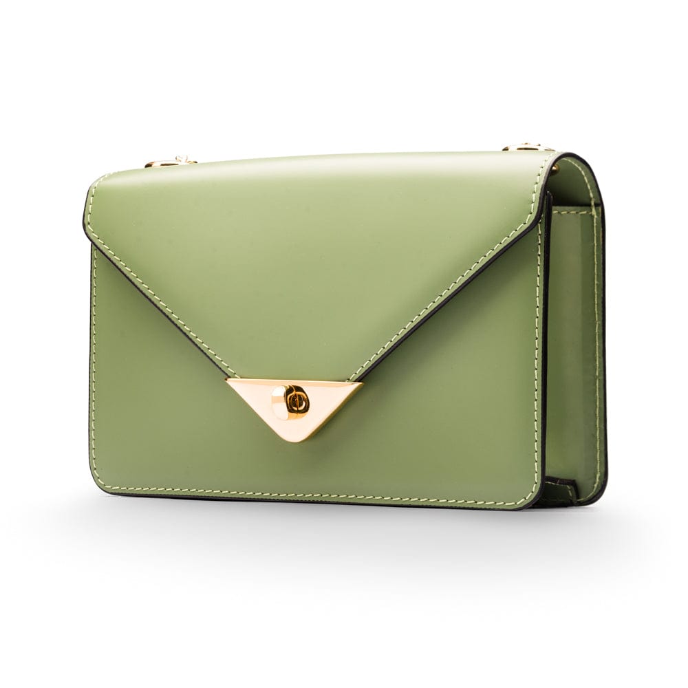 Small leather envelope chain bag, sage green, front