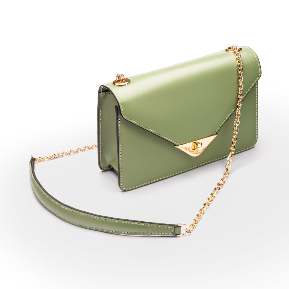 Small leather envelope chain bag, sage green, side view