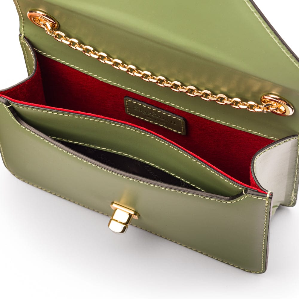 Small leather envelope chain bag, sage green, inside view