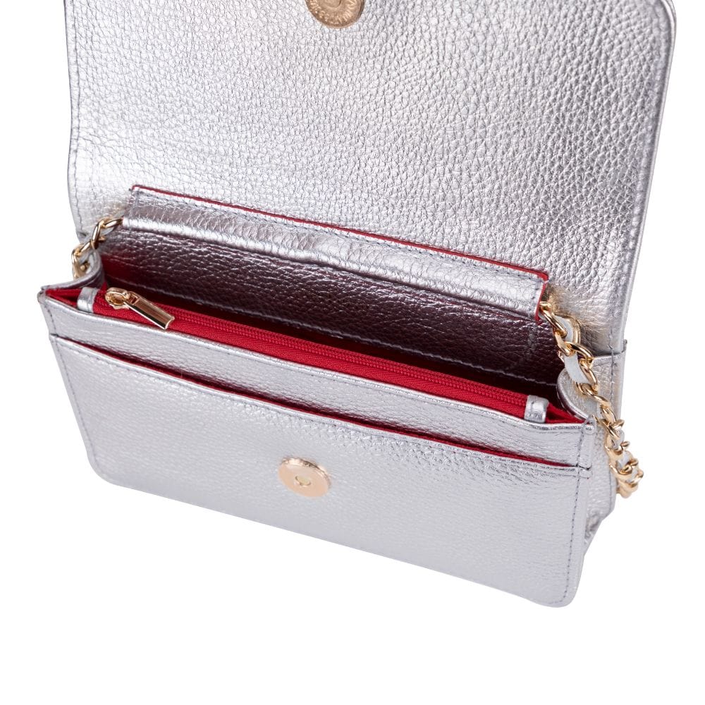 Small leather chain bag, silver, open