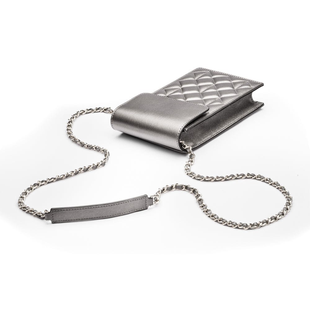Leather phone bag, silver, with chain strap