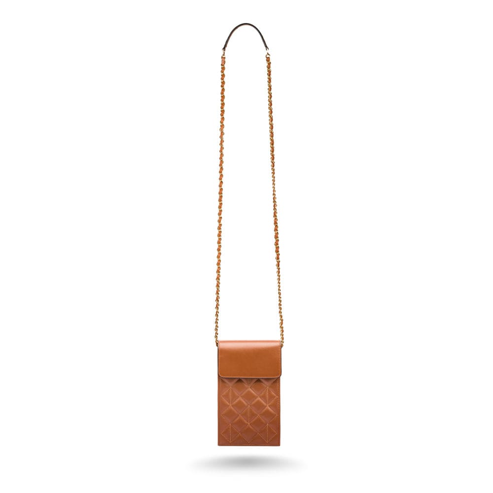Leather phone bag, tan, with long chain strap