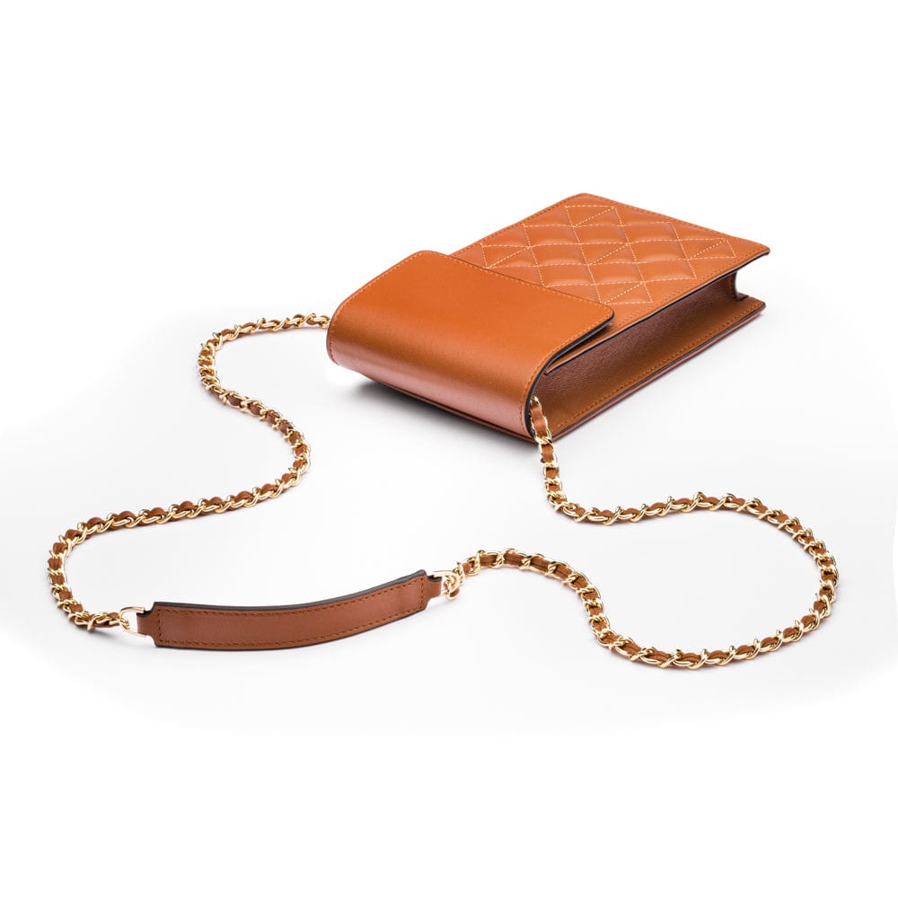 Leather phone bag, tan, with chain strap