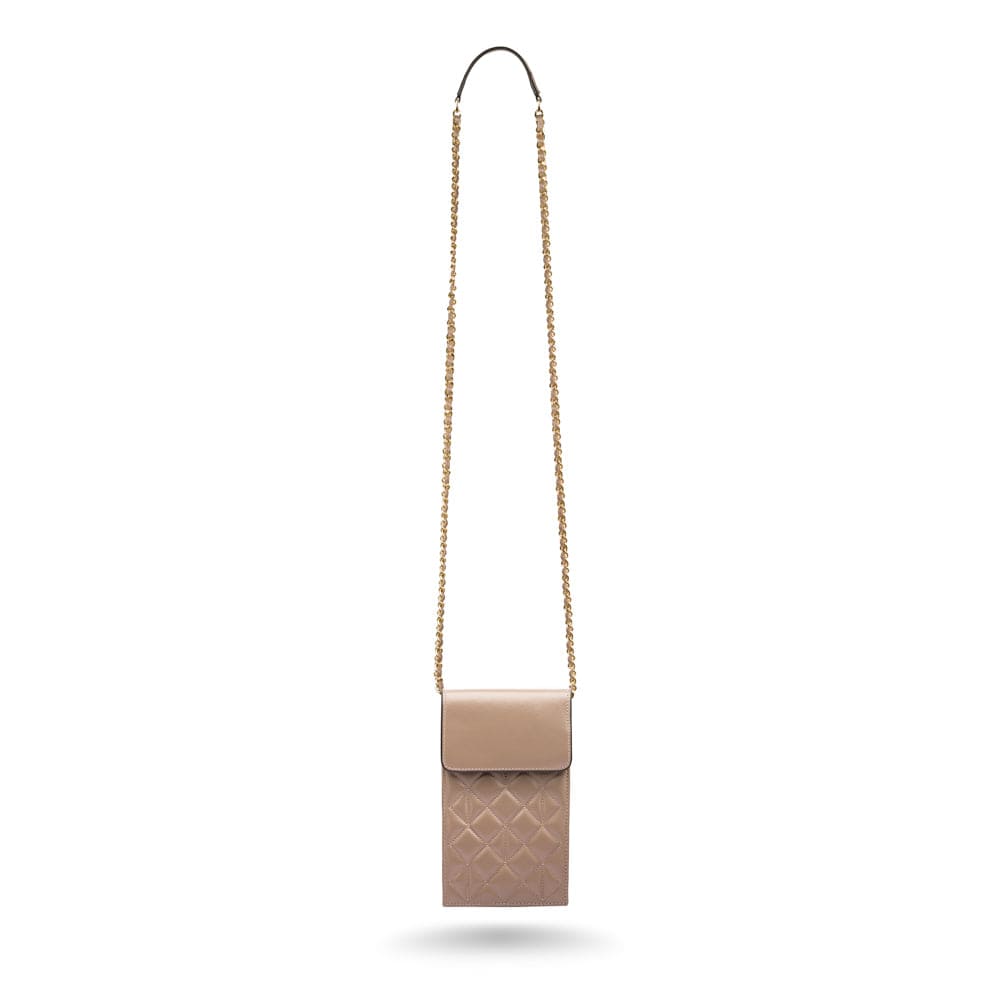 Leather phone bag, taupe, with long strap