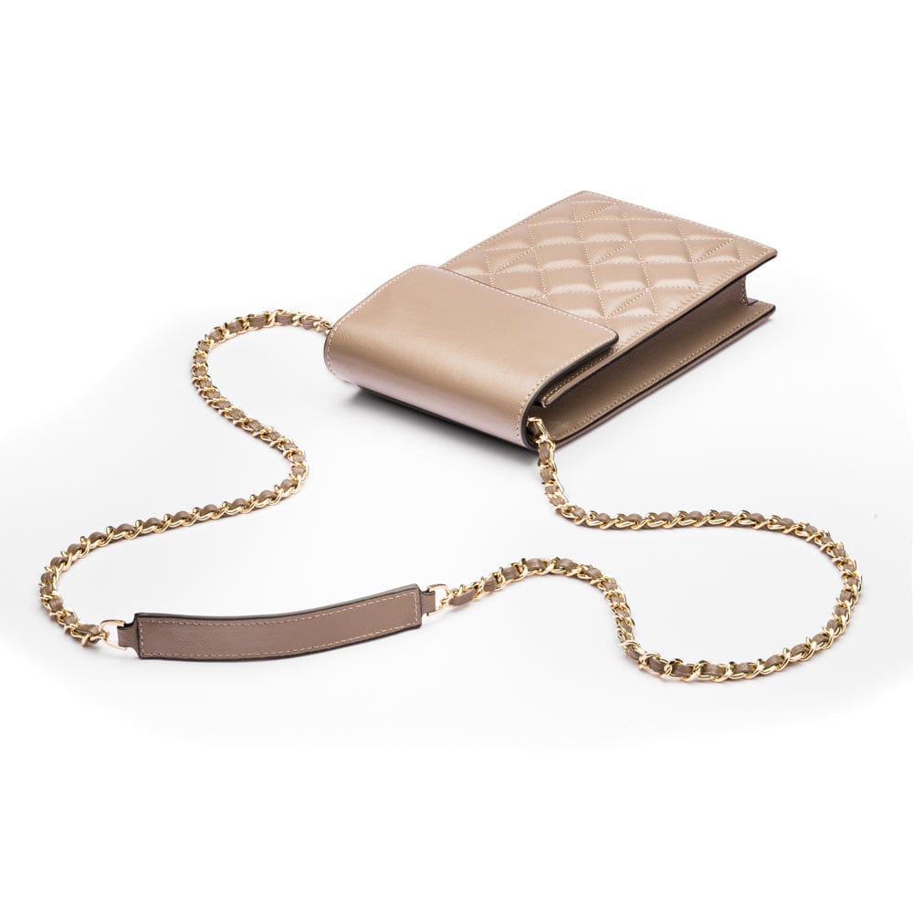Leather phone bag, taupe, with chain strap