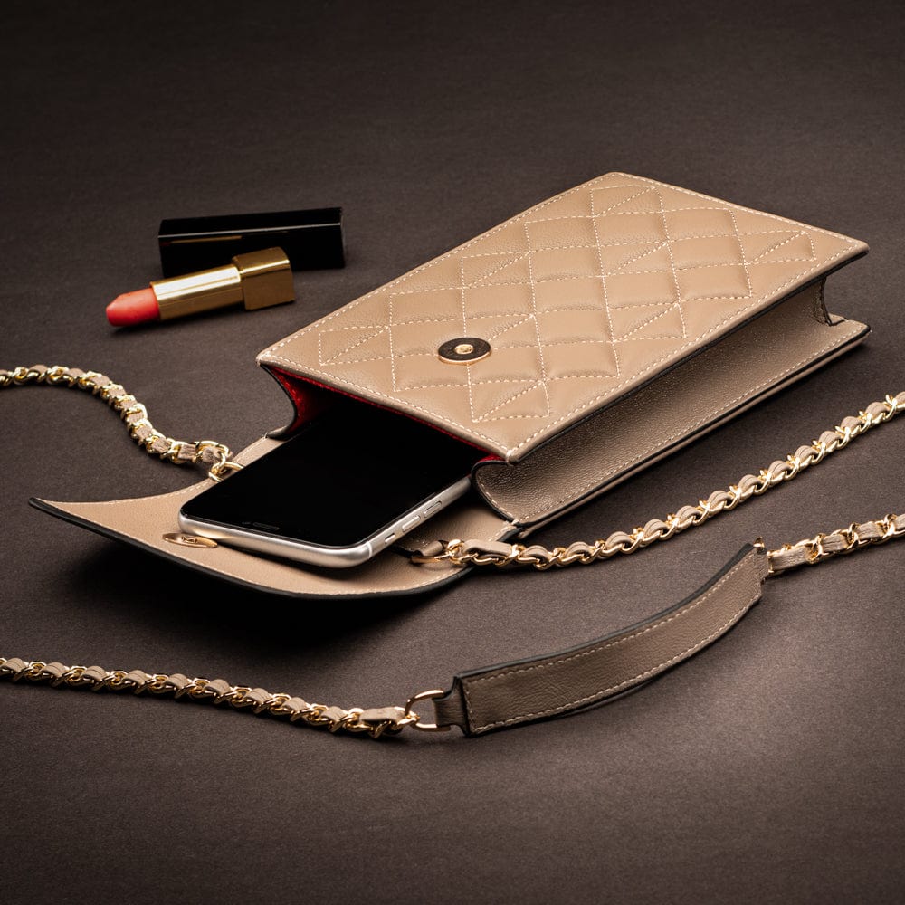 Leather phone bag, taupe, lifestyle