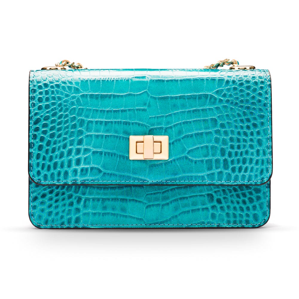 Mini chain bag, turquoise croc, front view