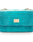 Mini chain bag, turquoise croc, front view