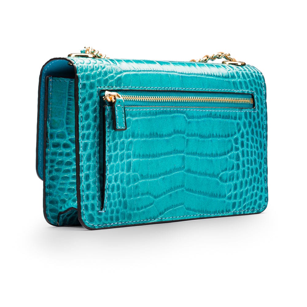 Mini chain bag, turquoise croc, back view