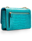 Mini chain bag, turquoise croc, back view