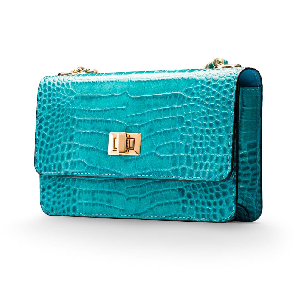 Mini chain bag, turquoise croc, side