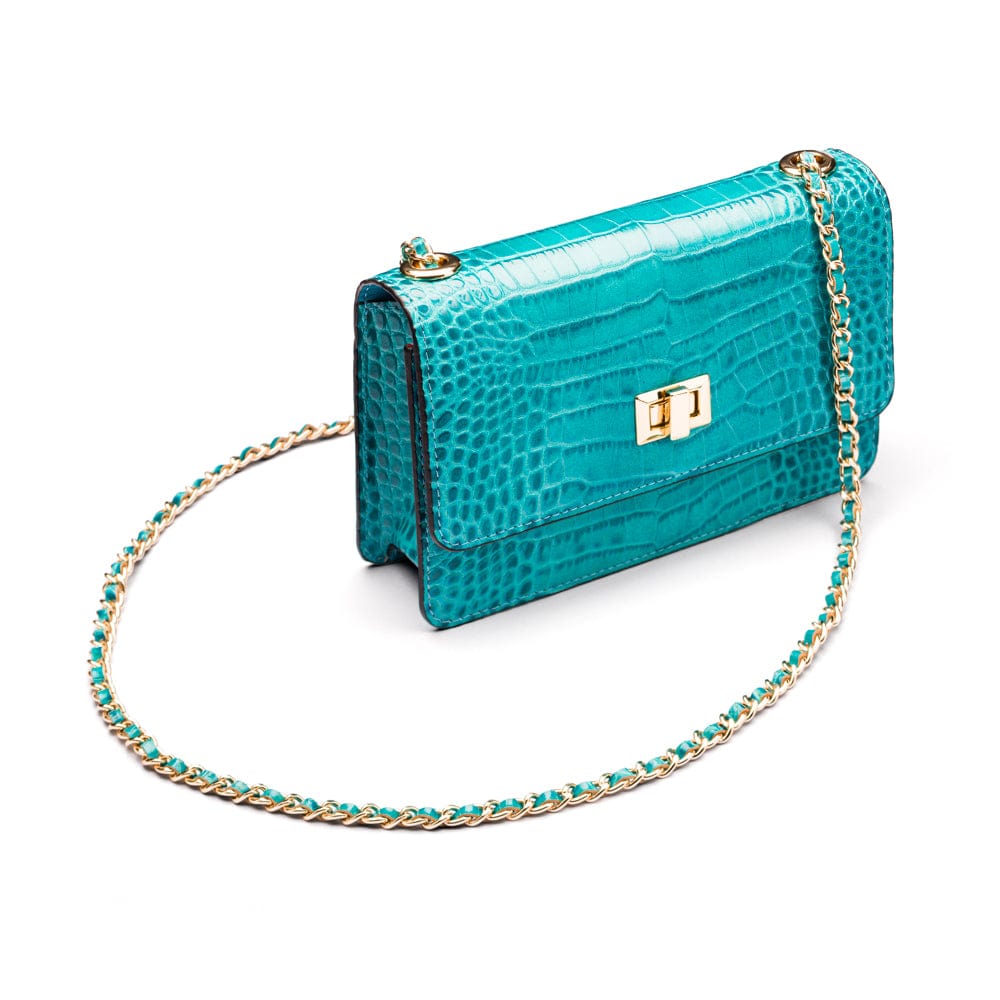 Mini chain bag, turquoise croc, side view