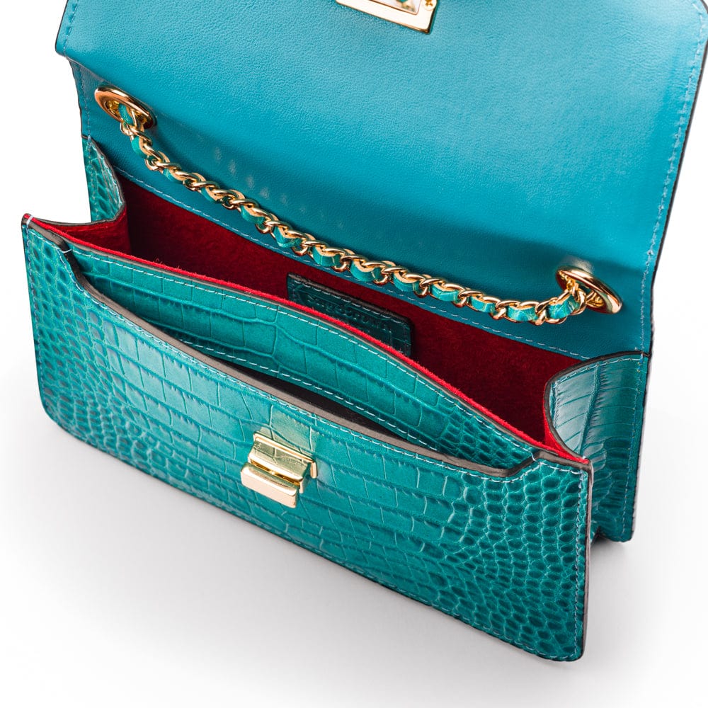 Mini chain bag, turquoise croc, inside view