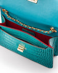 Mini chain bag, turquoise croc, inside view