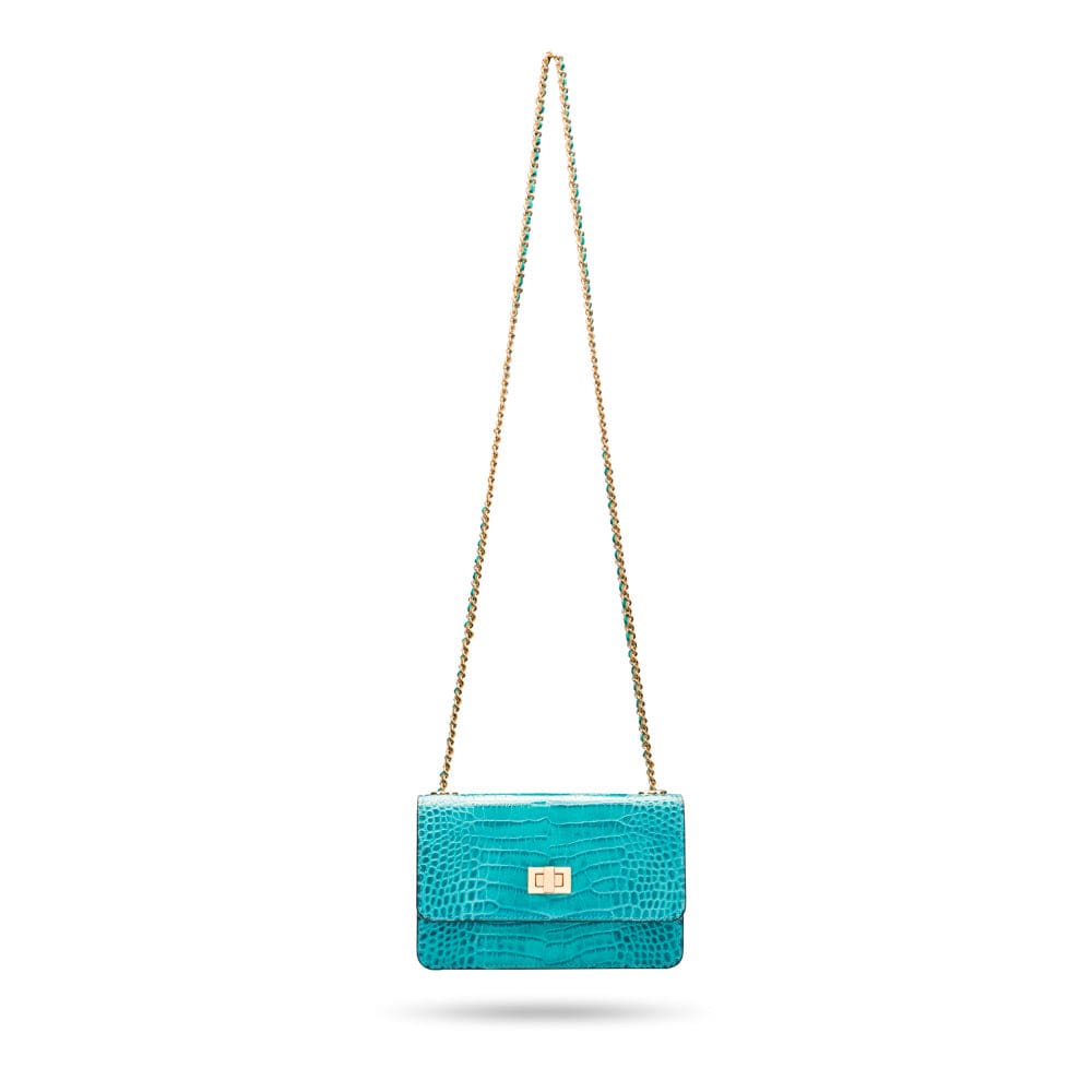 Mini chain bag, turquoise croc, long chain strap