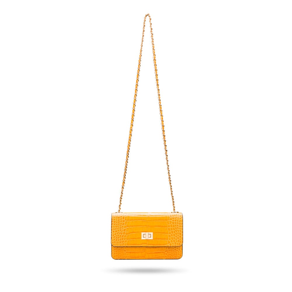 Mini chain bag, yellow croc, long shoulder strap