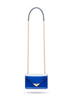 Small leather envelope chain bag, cobalt patent, with shoulder strap