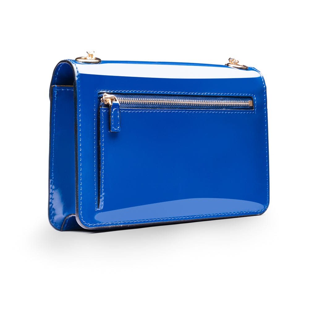 Small leather envelope chain bag, cobalt patent, back