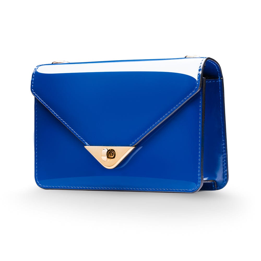 Small leather envelope chain bag, cobalt patent