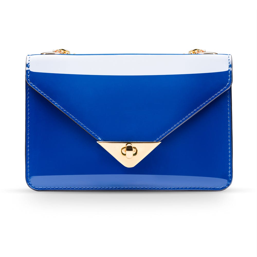 Small leather envelope chain bag, cobalt patent, front