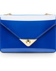 Small leather envelope chain bag, cobalt patent, front